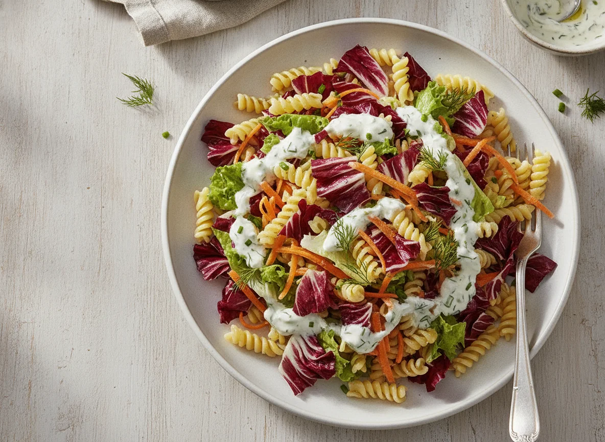 Nudelsalat mit gemischtem Blattsalat und Joghurt-Dressing photo