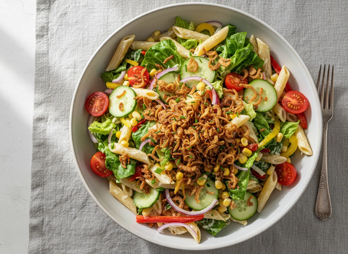 Nudelsalat mit gemischtem Salat und Röstzwiebeln photo