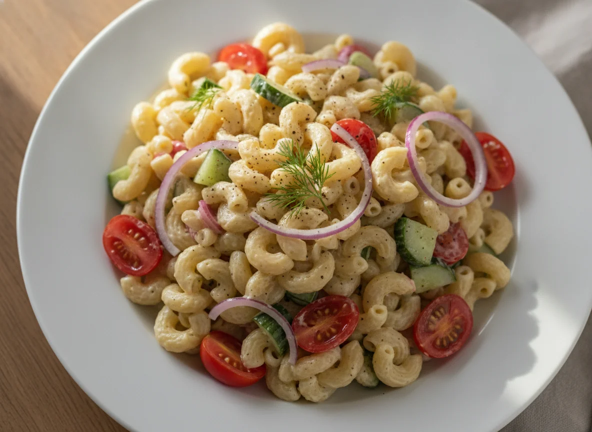 Nudelsalat mit Gemüse und cremiger Sauce photo