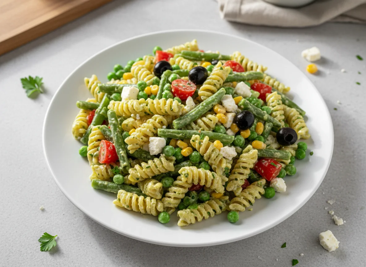 Nudelsalat mit Gemüse und cremiger Soße photo