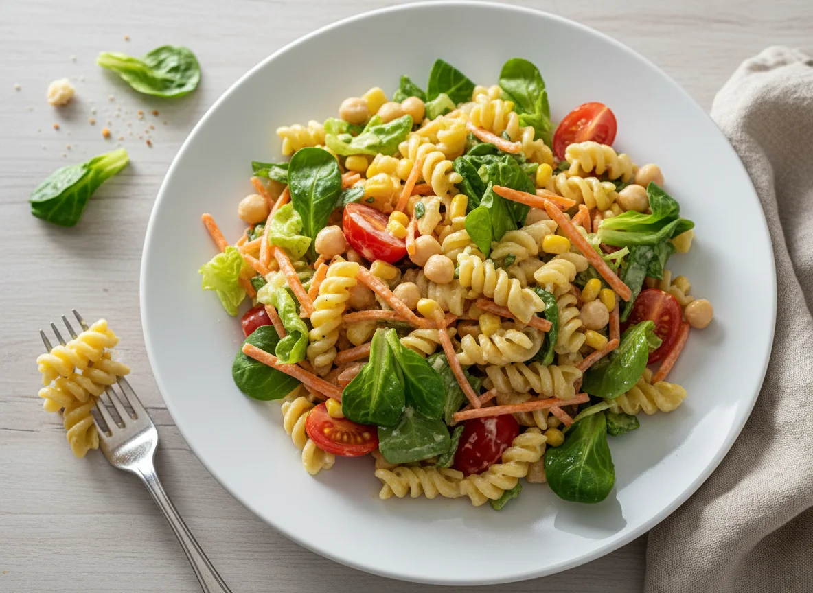 Nudelsalat mit Gemüse und Dressing photo