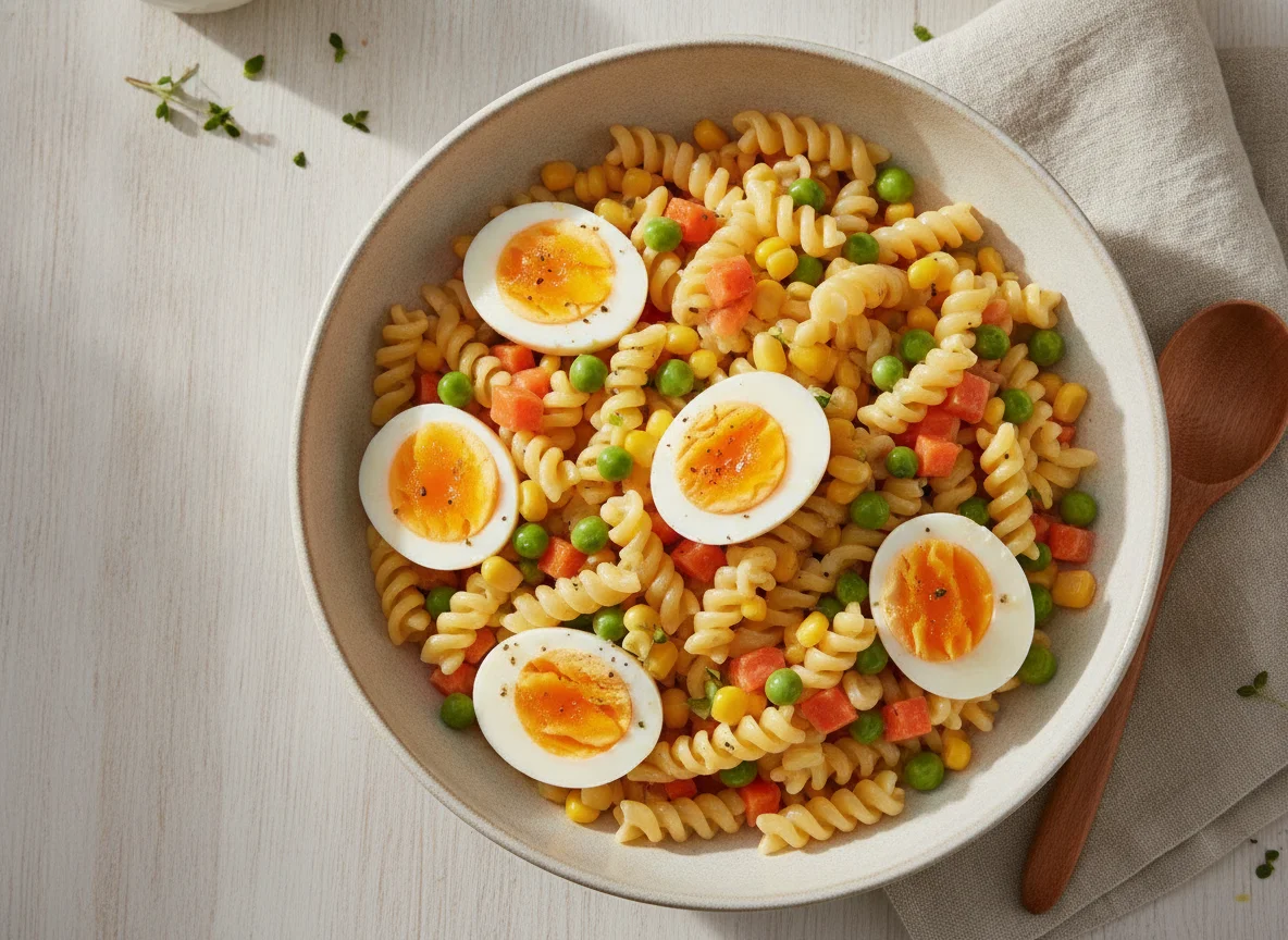 Nudelsalat mit Gemüse und Ei photo