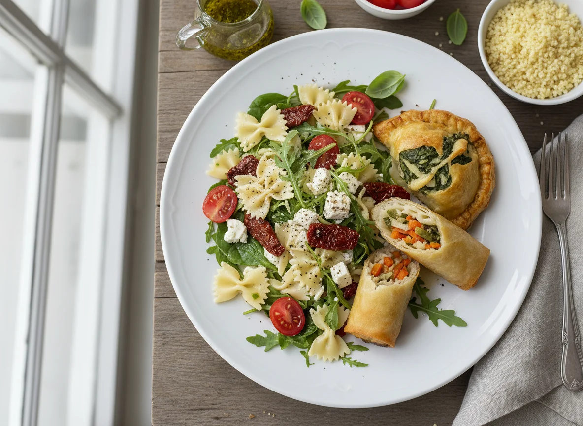 Nudelsalat mit Gemüse und Frühlingsrolle photo