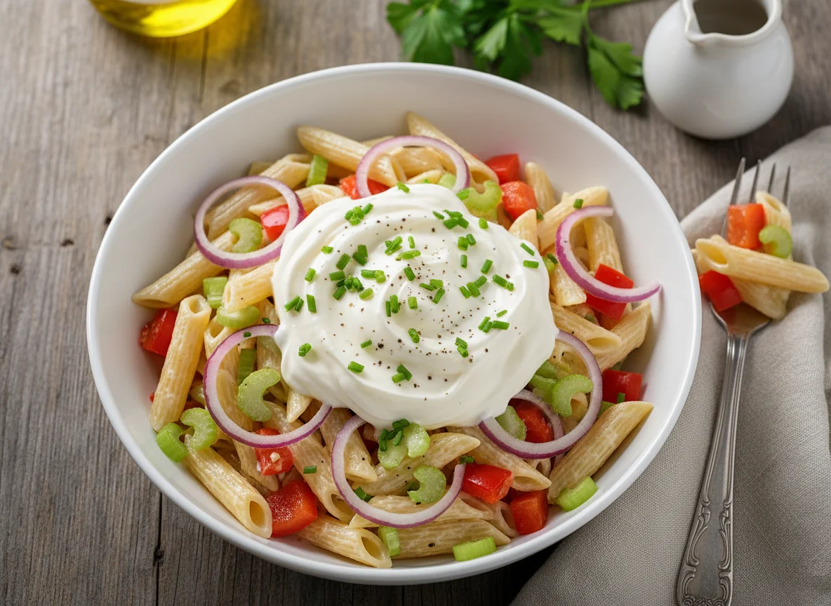 Nudelsalat mit Gemüse und laktosefreiem Schlagobers photo