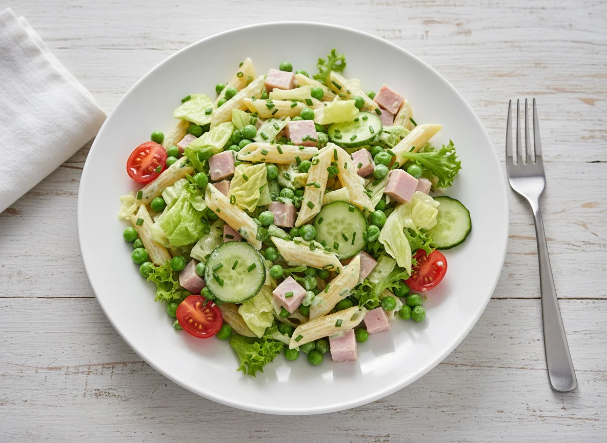 Nudelsalat mit Gemüse und Putenschinken photo