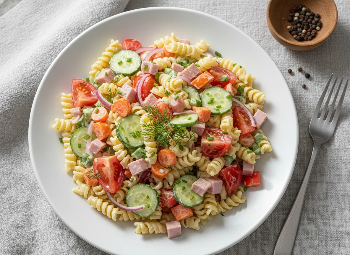 Nudelsalat mit Gemüse und Schinken photo