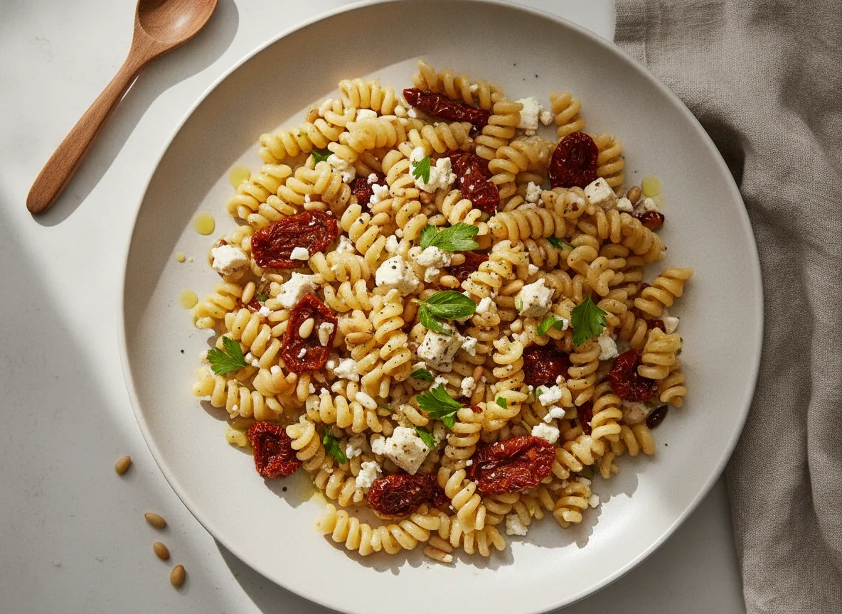 Nudelsalat mit getrockneten Tomaten und Feta photo