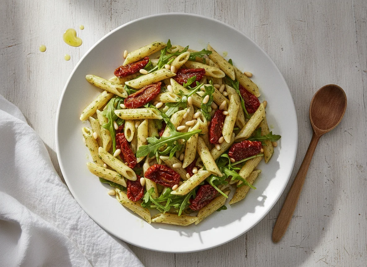 Nudelsalat mit getrockneten Tomaten und Rucola photo