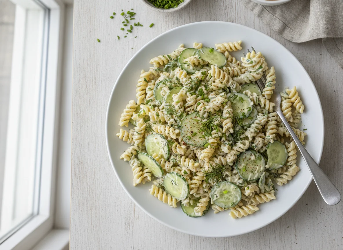 Nudelsalat mit Gurken und cremiger Sauce photo