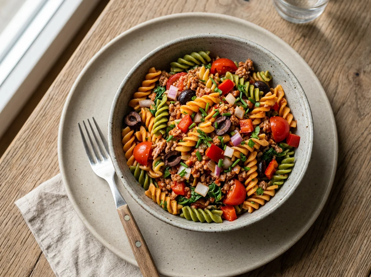 Nudelsalat mit Hackfleisch und Gemüse photo