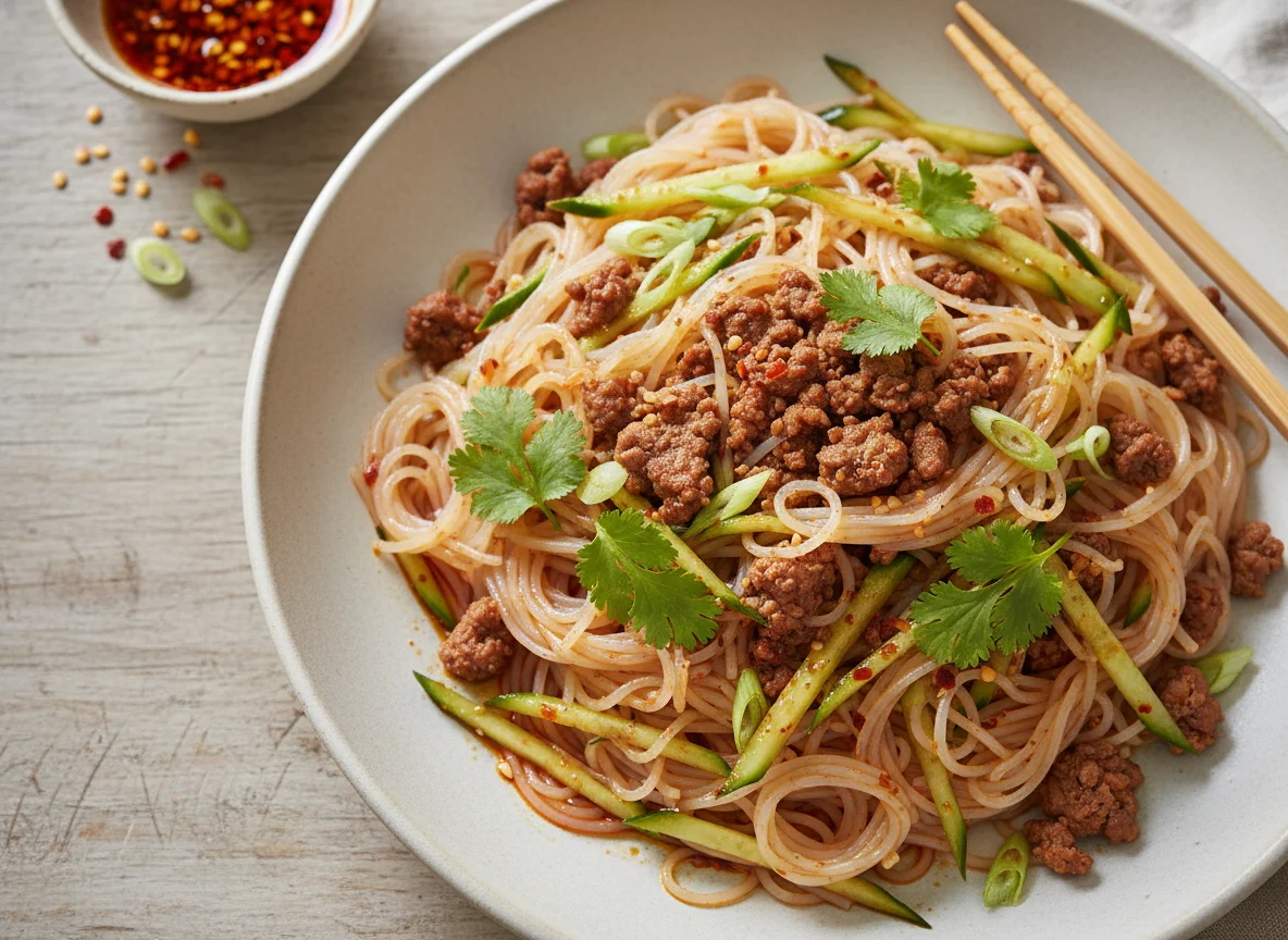 Nudelsalat mit Hackfleisch und Gurken photo