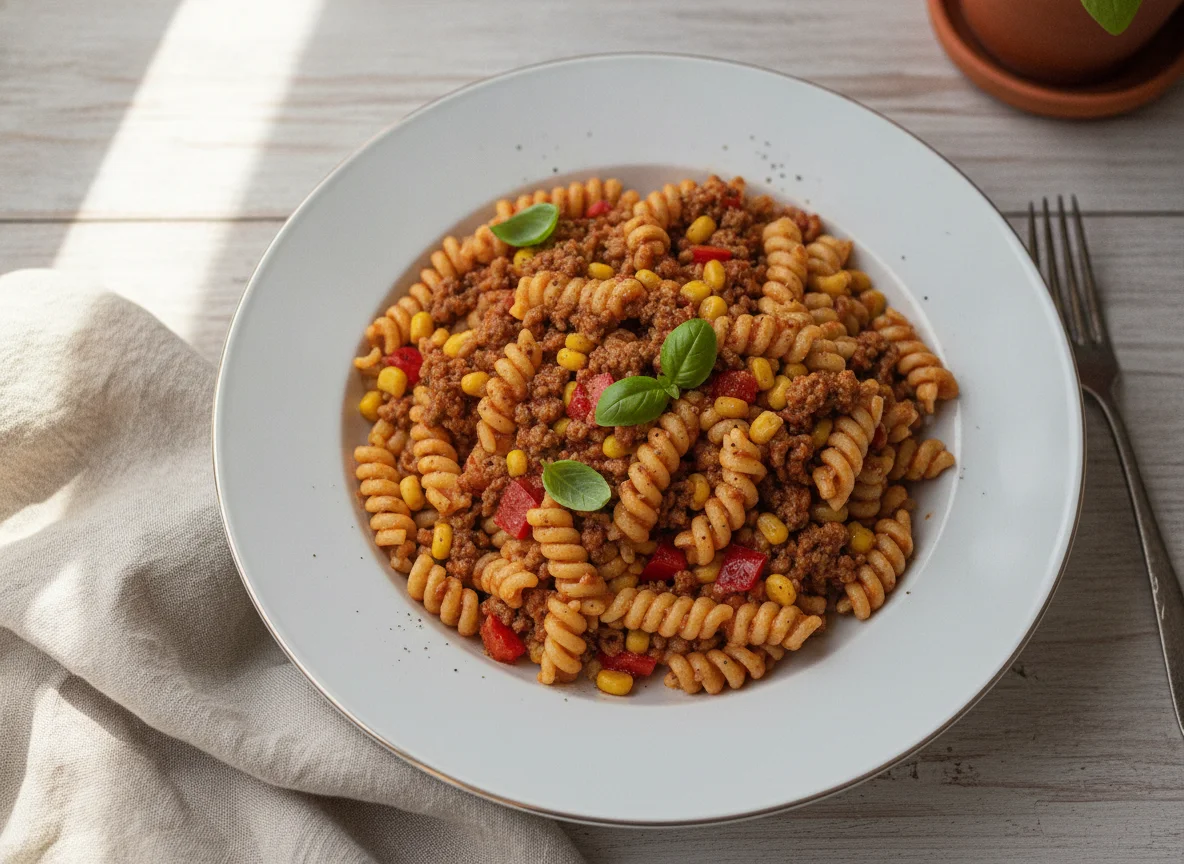 Nudelsalat mit Hackfleisch und Mais photo