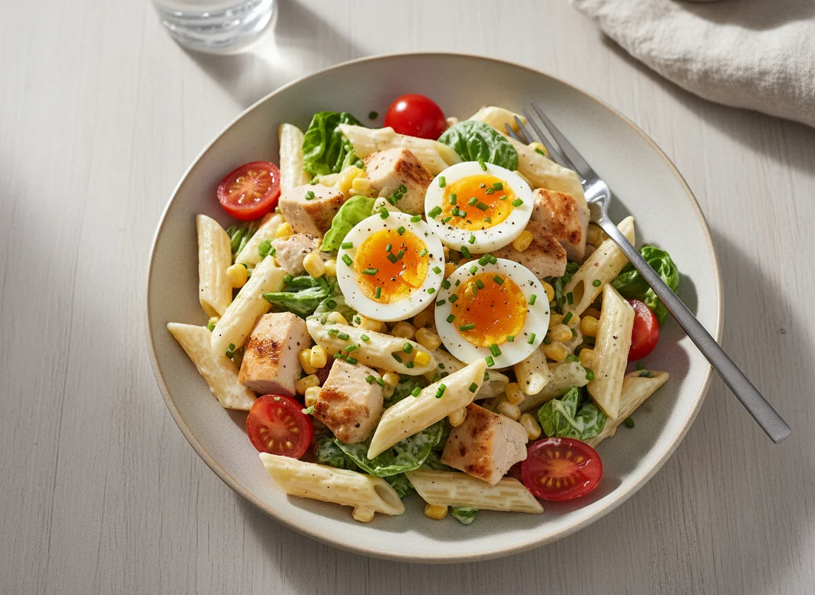 Nudelsalat mit Hähnchen, Ei und Gemüse photo