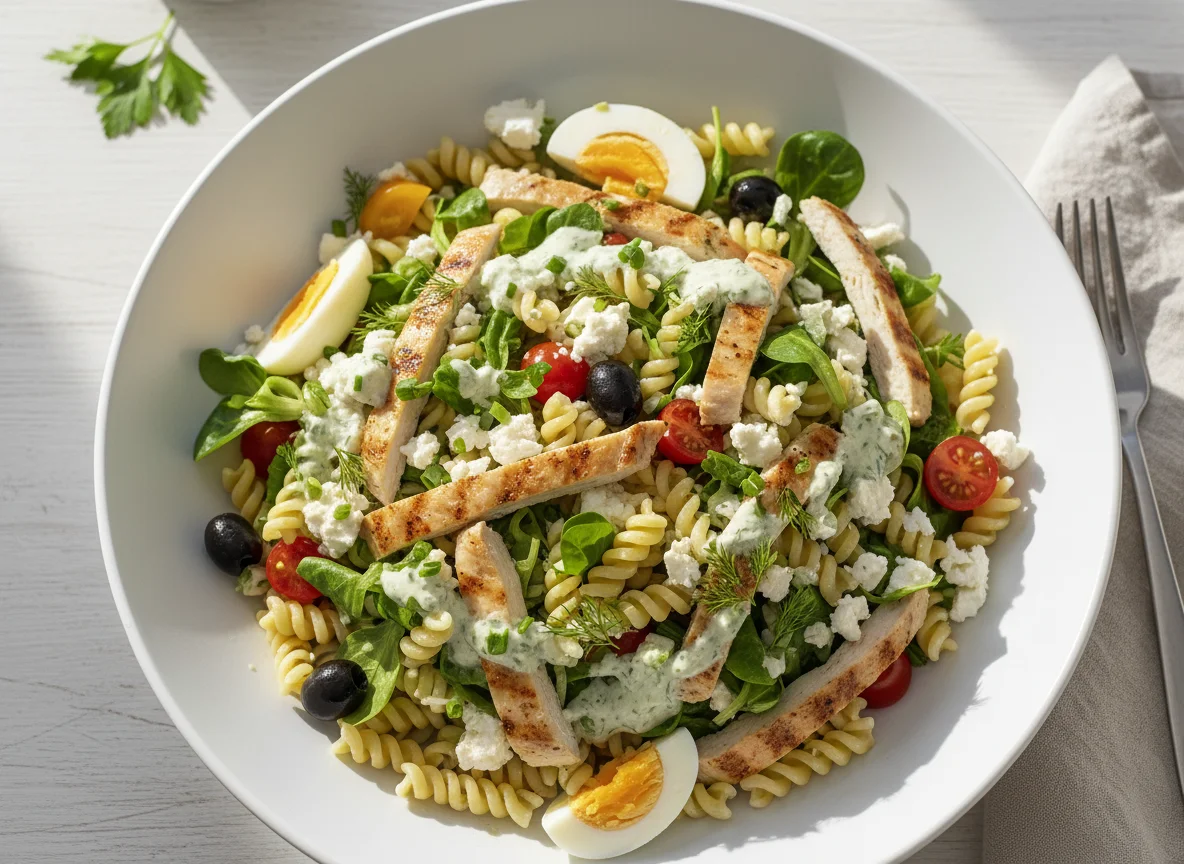Nudelsalat mit Hähnchen, Feta und Feldsalat photo