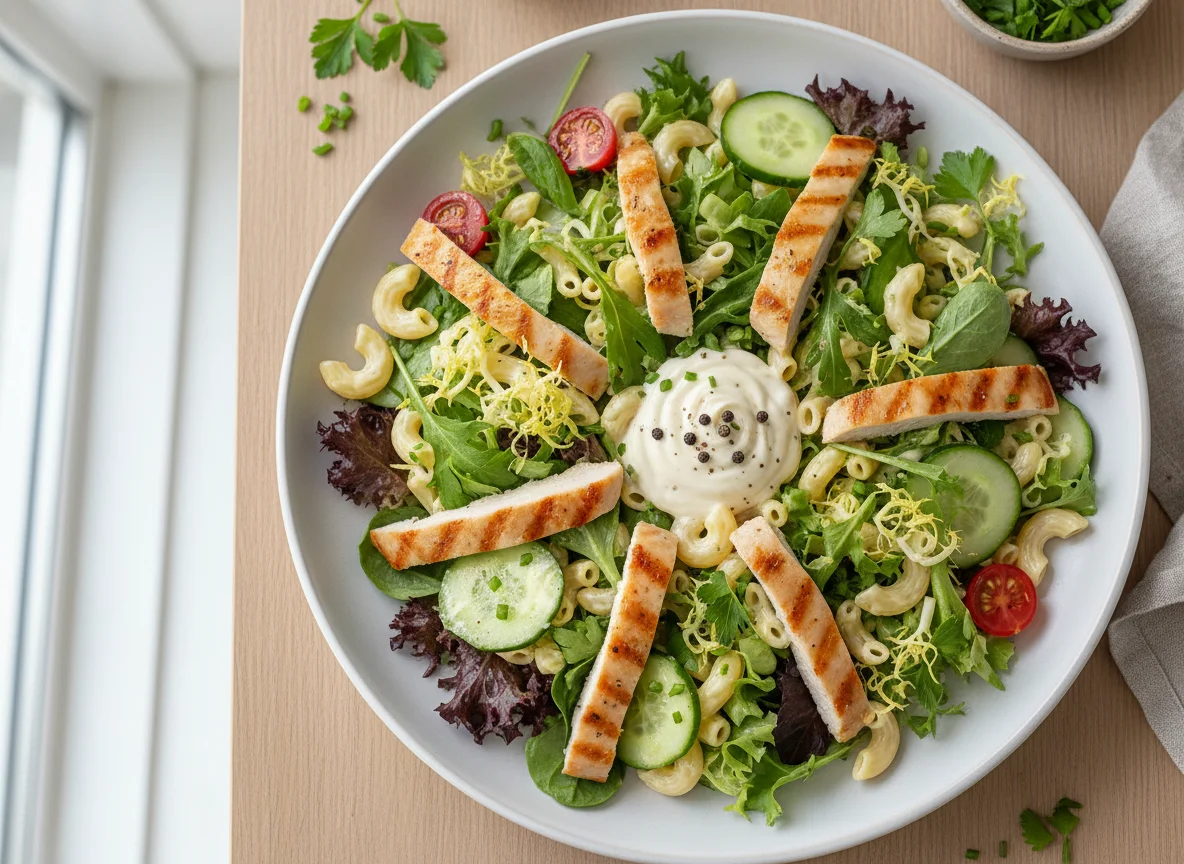 Nudelsalat mit Hähnchen und Blattsalat photo