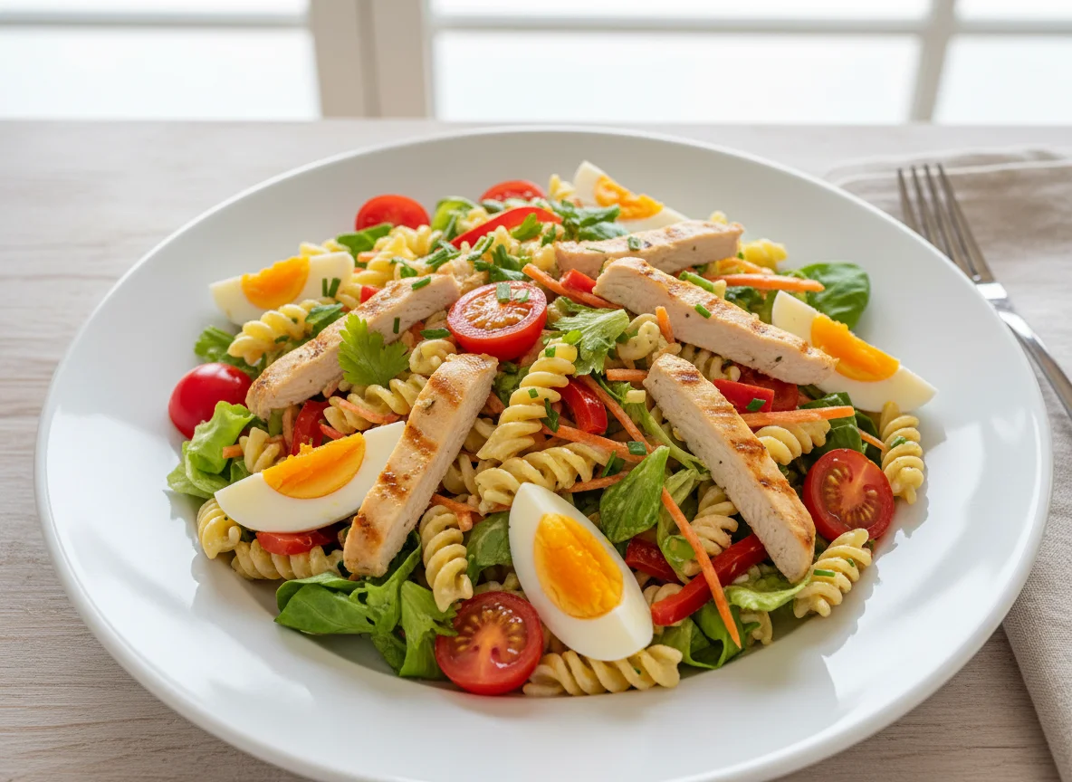 Nudelsalat mit Hähnchen und Ei photo