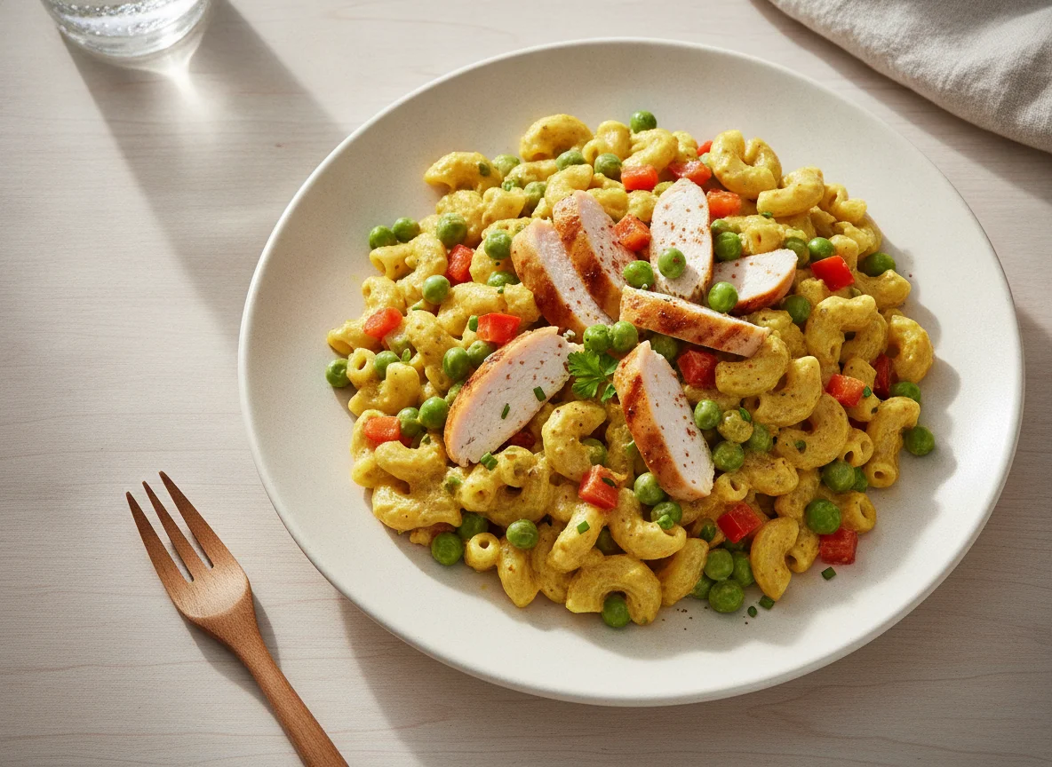 Nudelsalat mit Hähnchen und Erbsen photo