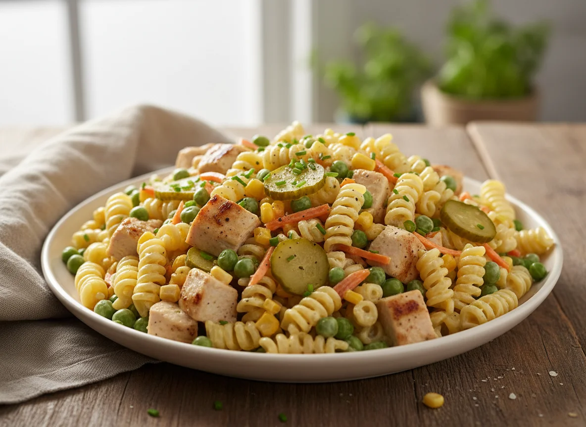 Nudelsalat mit Hähnchen und Gemüse photo