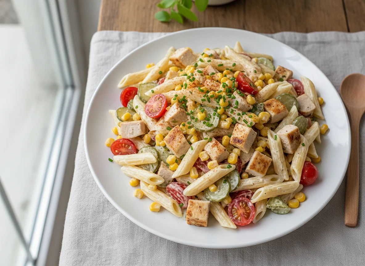 Nudelsalat mit Hähnchen und Mais photo