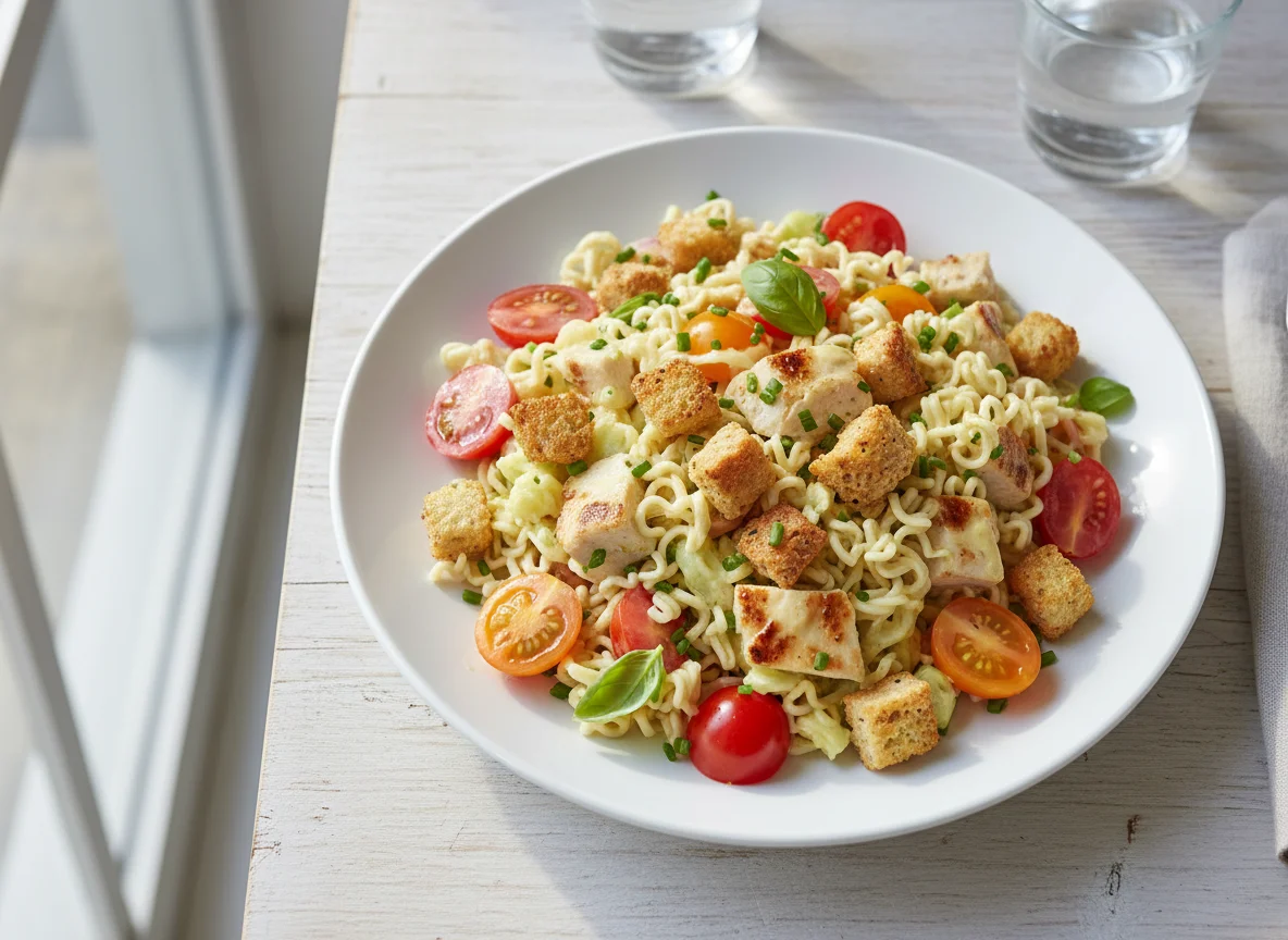 Nudelsalat mit Hähnchen und Tomaten photo