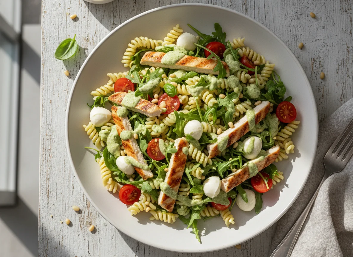 Nudelsalat mit Huhn und Pesto-Joghurt-Dressing photo
