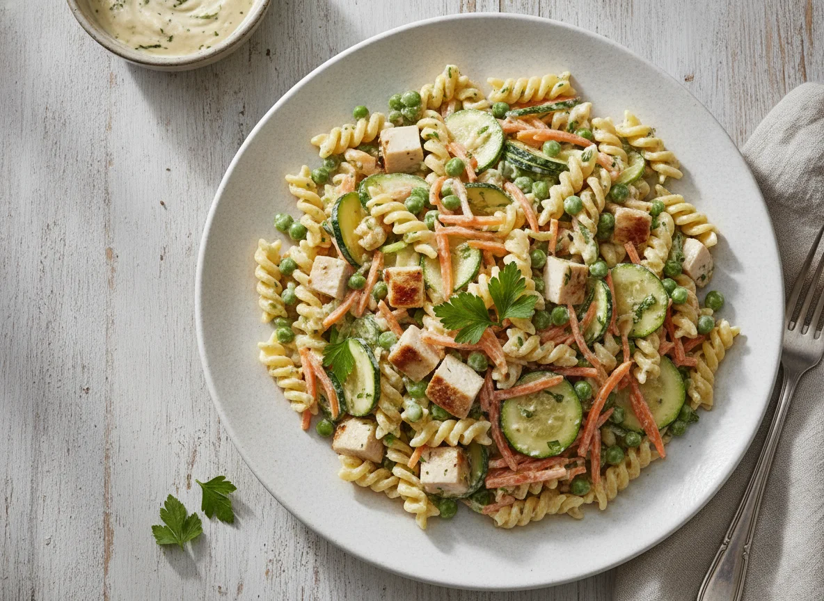 Nudelsalat mit Hühnchen und Gemüse photo