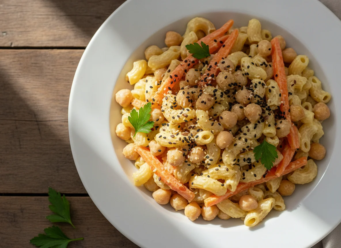 Nudelsalat mit Karotten, Kichererbsen und Leinsamen photo