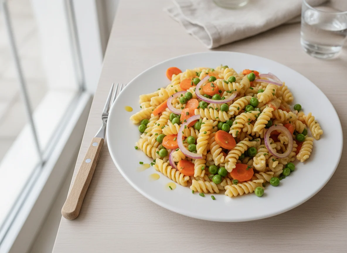 Nudelsalat mit Karotten und Erbsen photo