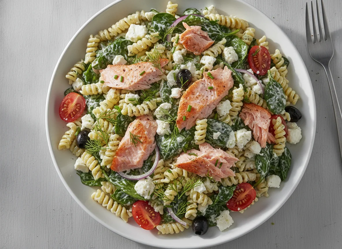 Nudelsalat mit Lachs, Spinat und Feta photo