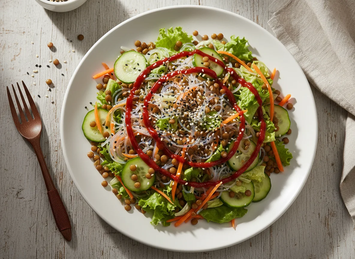 Nudelsalat mit Linsen und Gemüse photo
