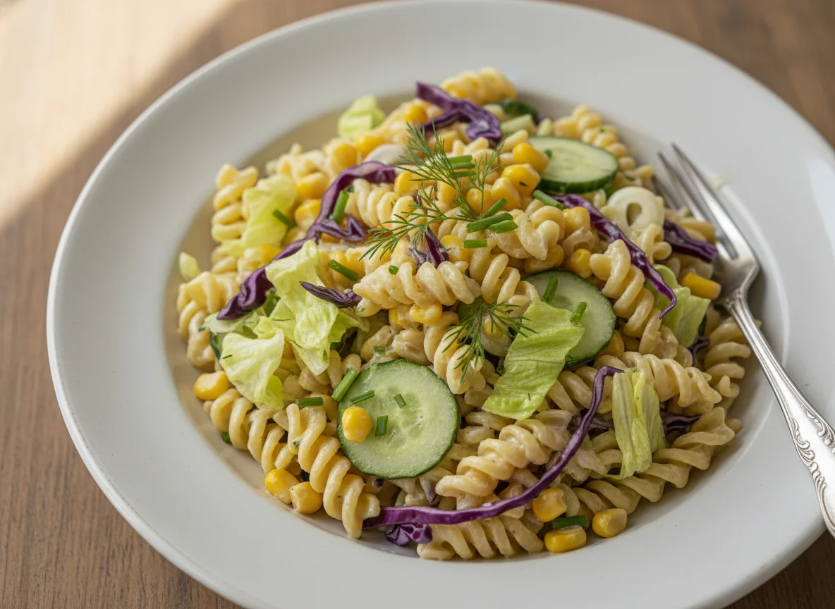 Nudelsalat mit Mais und Krautsalat photo