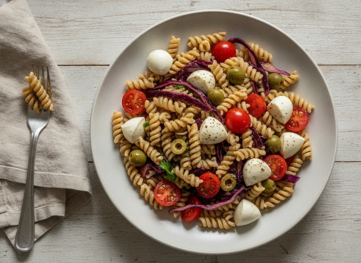 Nudelsalat mit Mozzarella, Tomaten, Oliven und Rotkohl photo