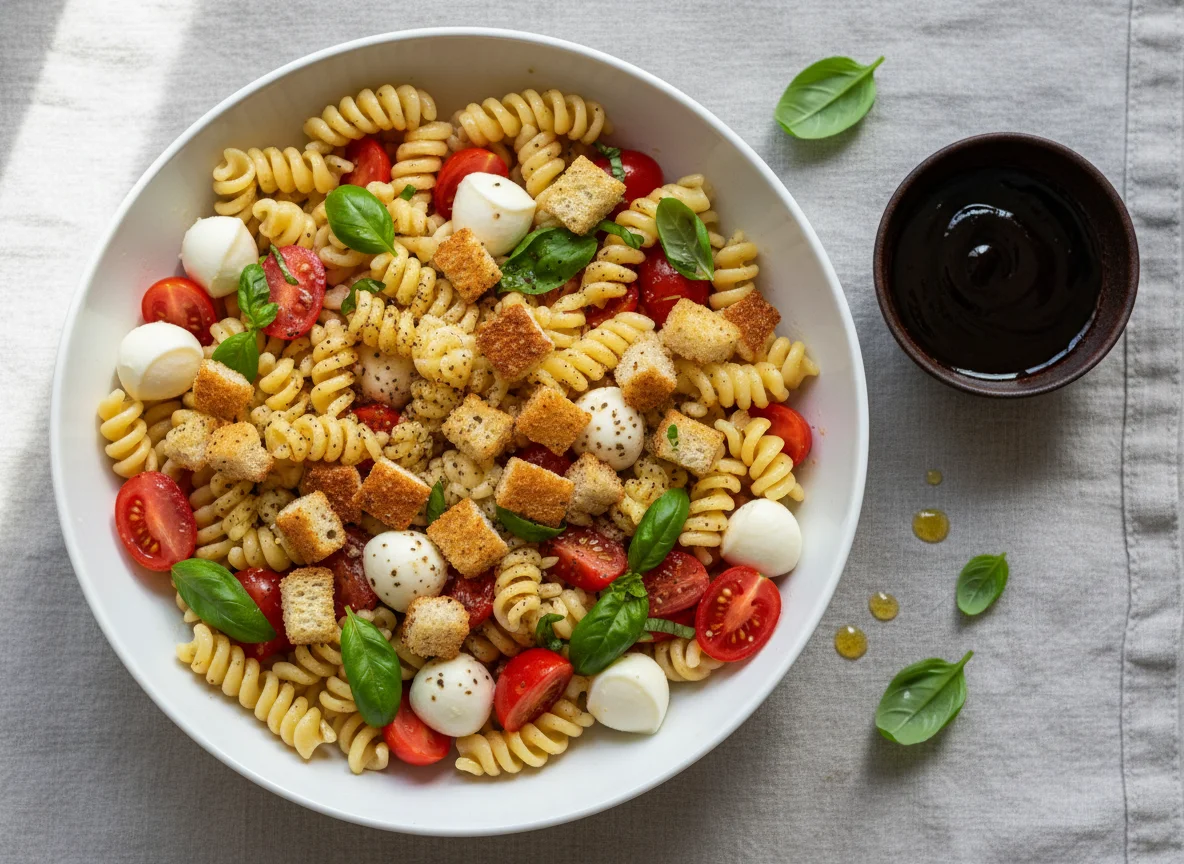 Nudelsalat mit Mozzarella, Tomaten und Croutons photo