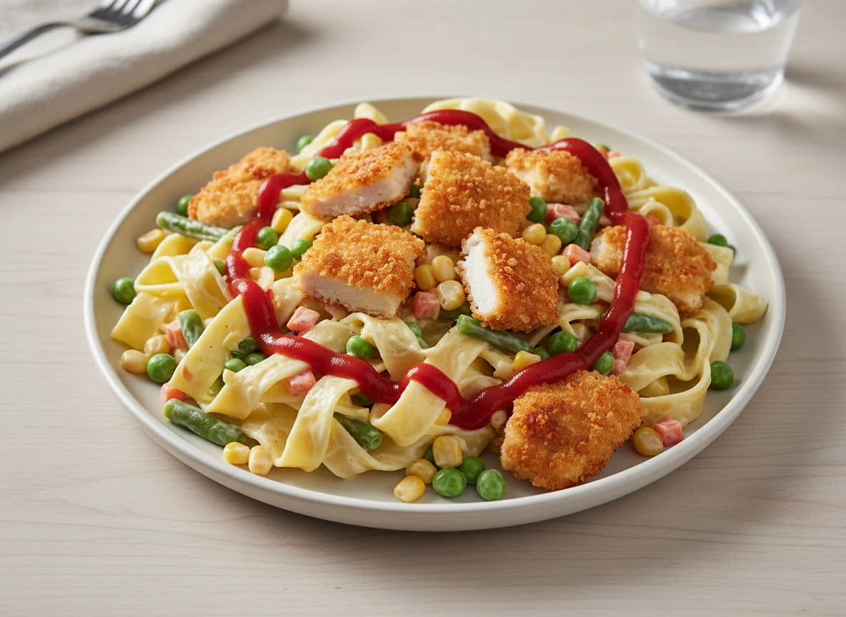 Nudelsalat mit paniertem Hähnchen und Ketchup photo