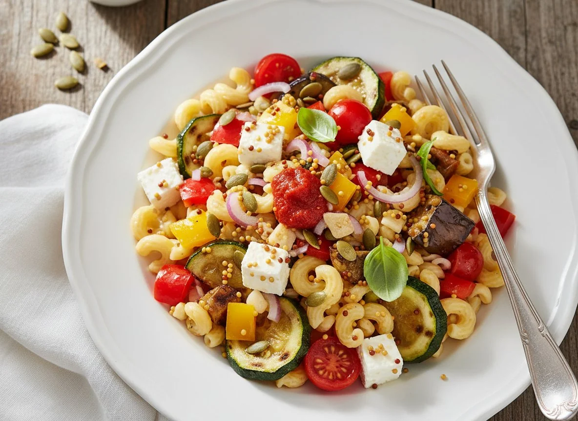 Nudelsalat mit Paprika, Feta und Zucchini photo