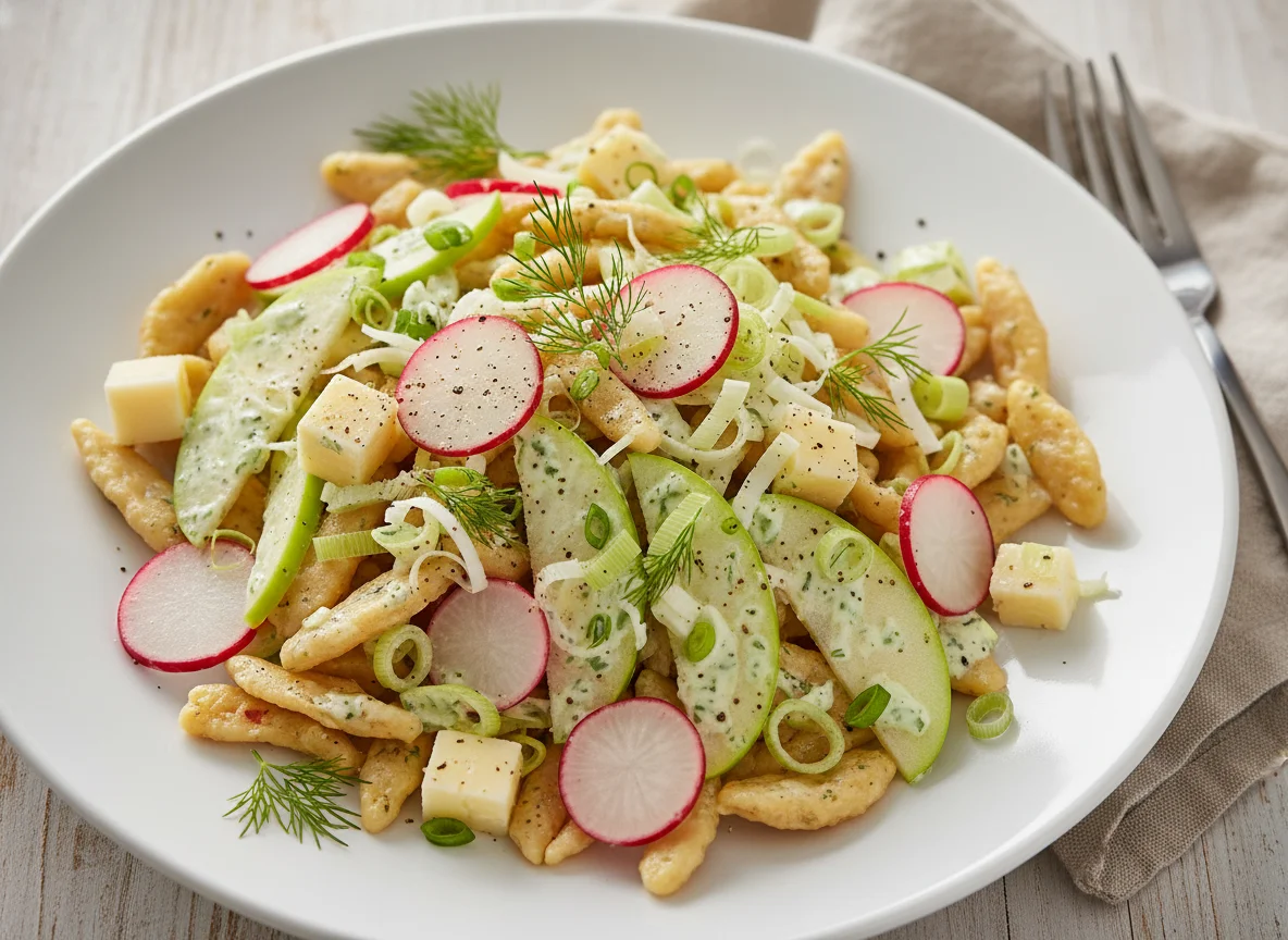 Nudelsalat mit Radieschen und Apfel photo