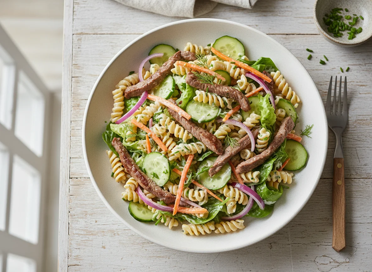 Nudelsalat mit Rindfleisch und Gemüse photo