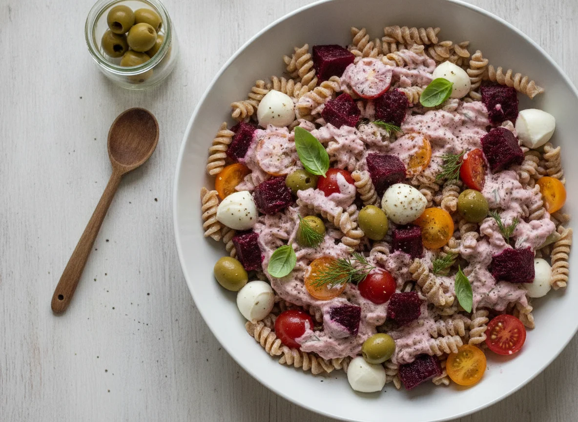 Nudelsalat mit Rote Bete und Oliven photo