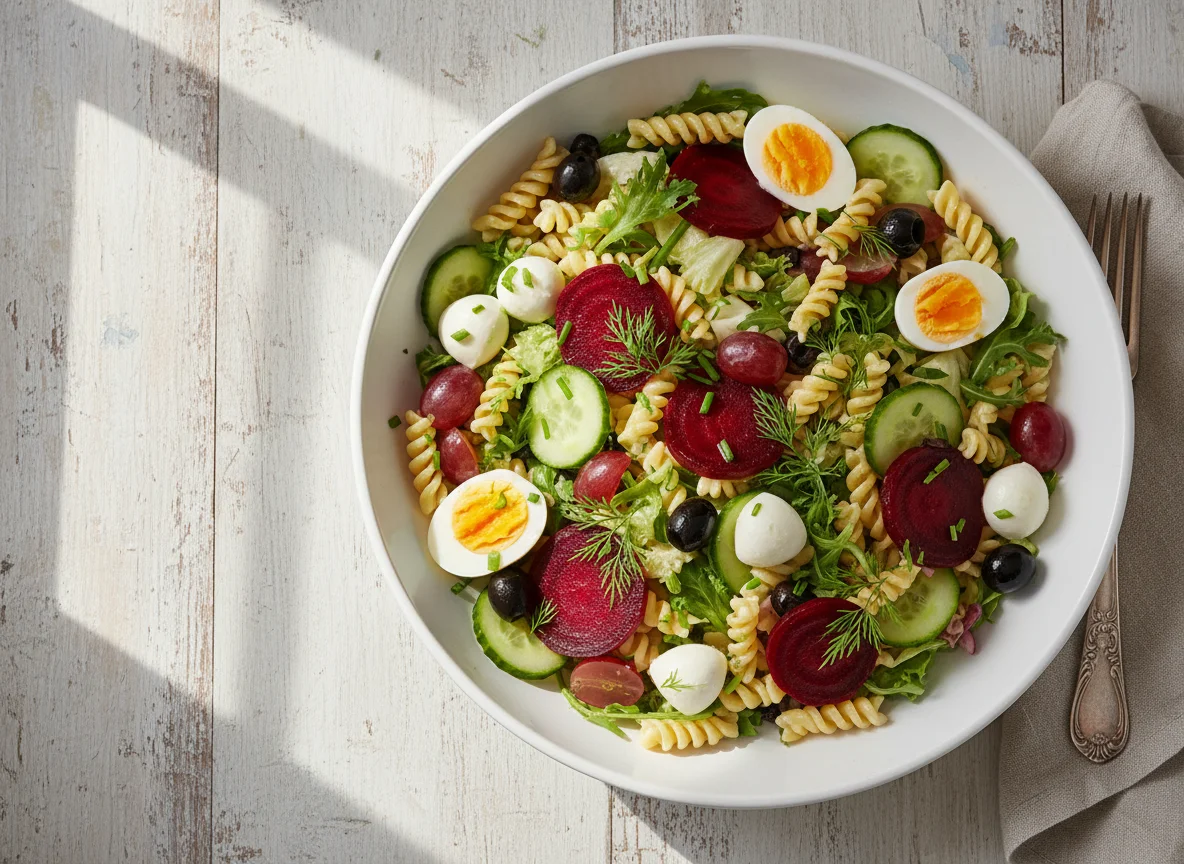 Nudelsalat mit Roter Bete, Ei und Mozzarella photo
