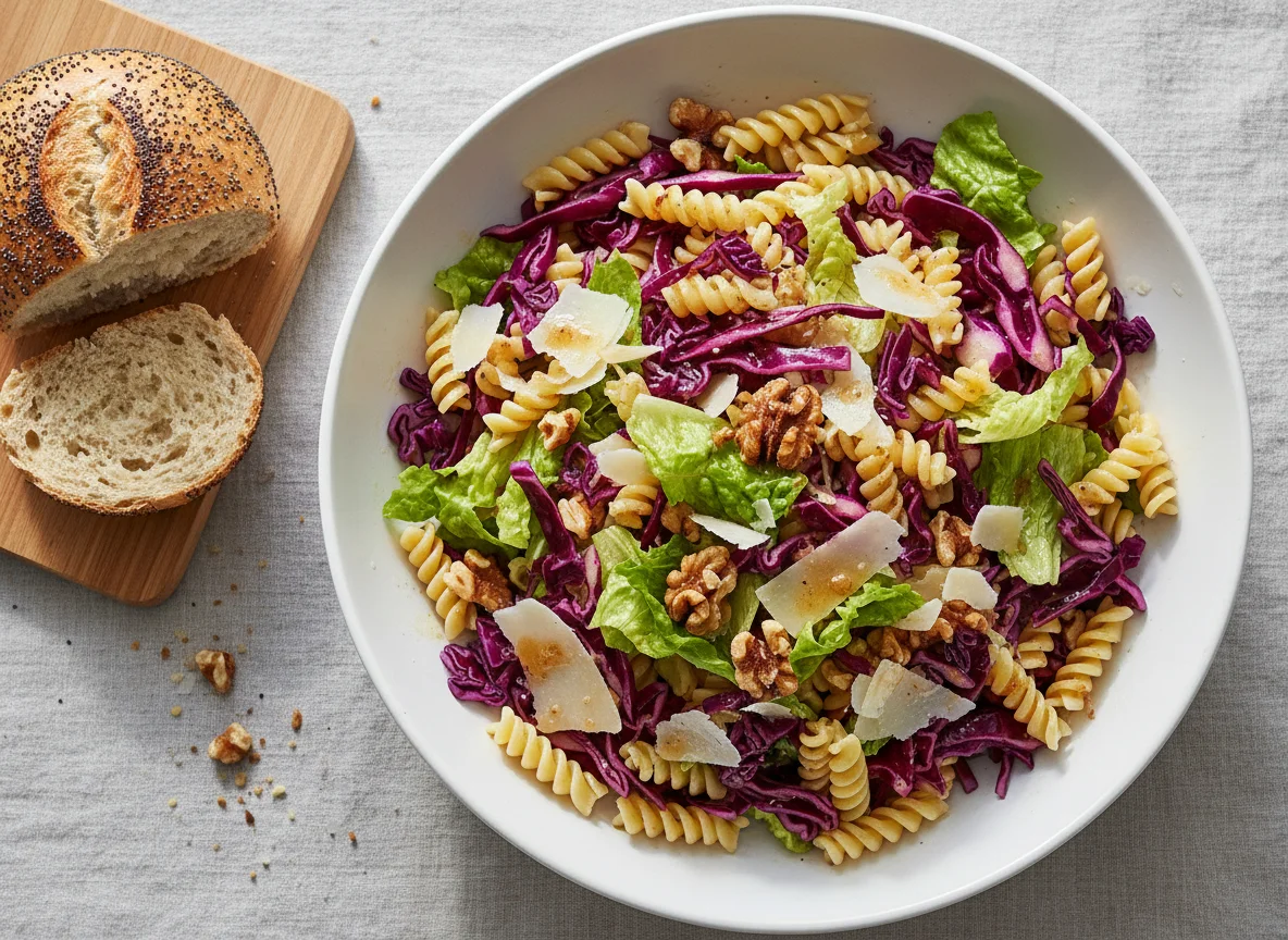 Nudelsalat mit Rotkraut und Walnüssen photo