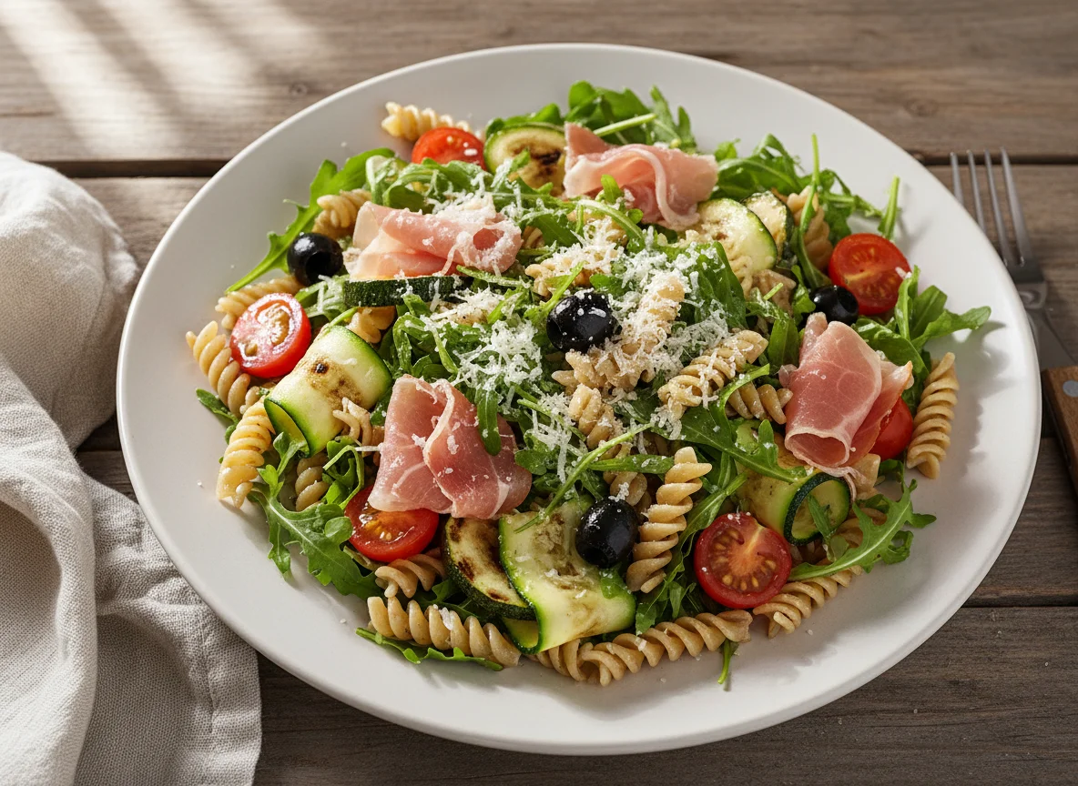 Nudelsalat mit Rucola, Tomaten, Zucchini und Schinken photo