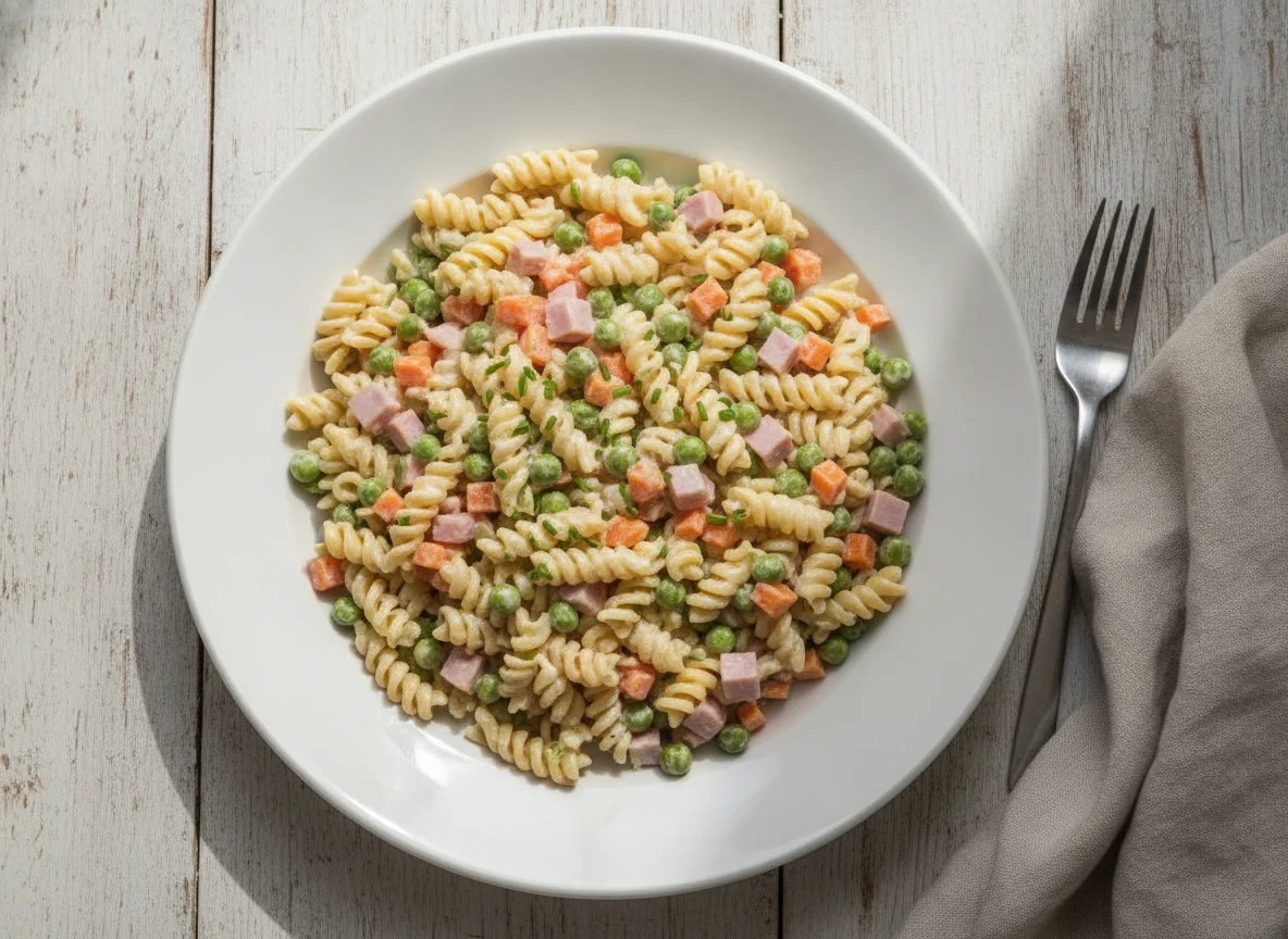 Nudelsalat mit Schinken, Erbsen und Karotten photo