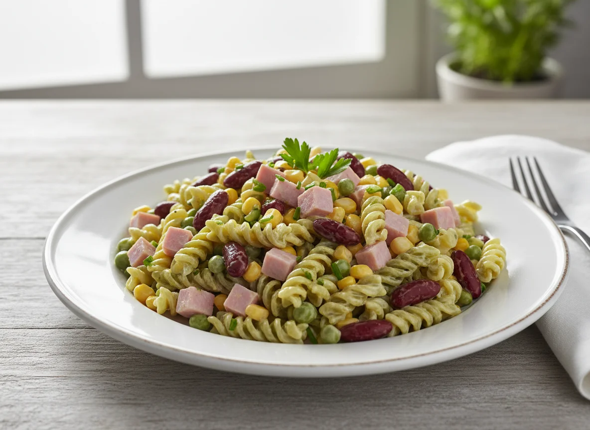 Nudelsalat mit Schinken und Bohnen photo