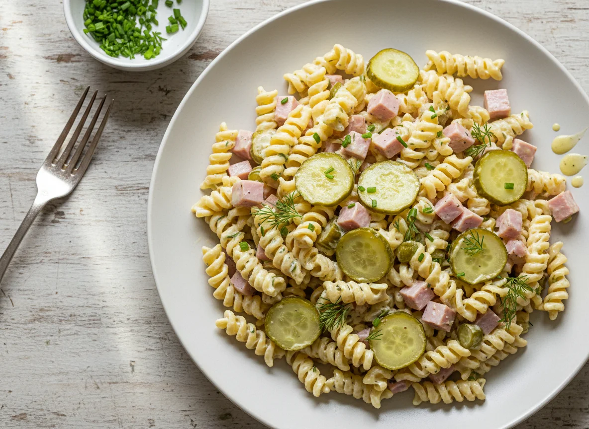 Nudelsalat mit Schinken und Gurken photo