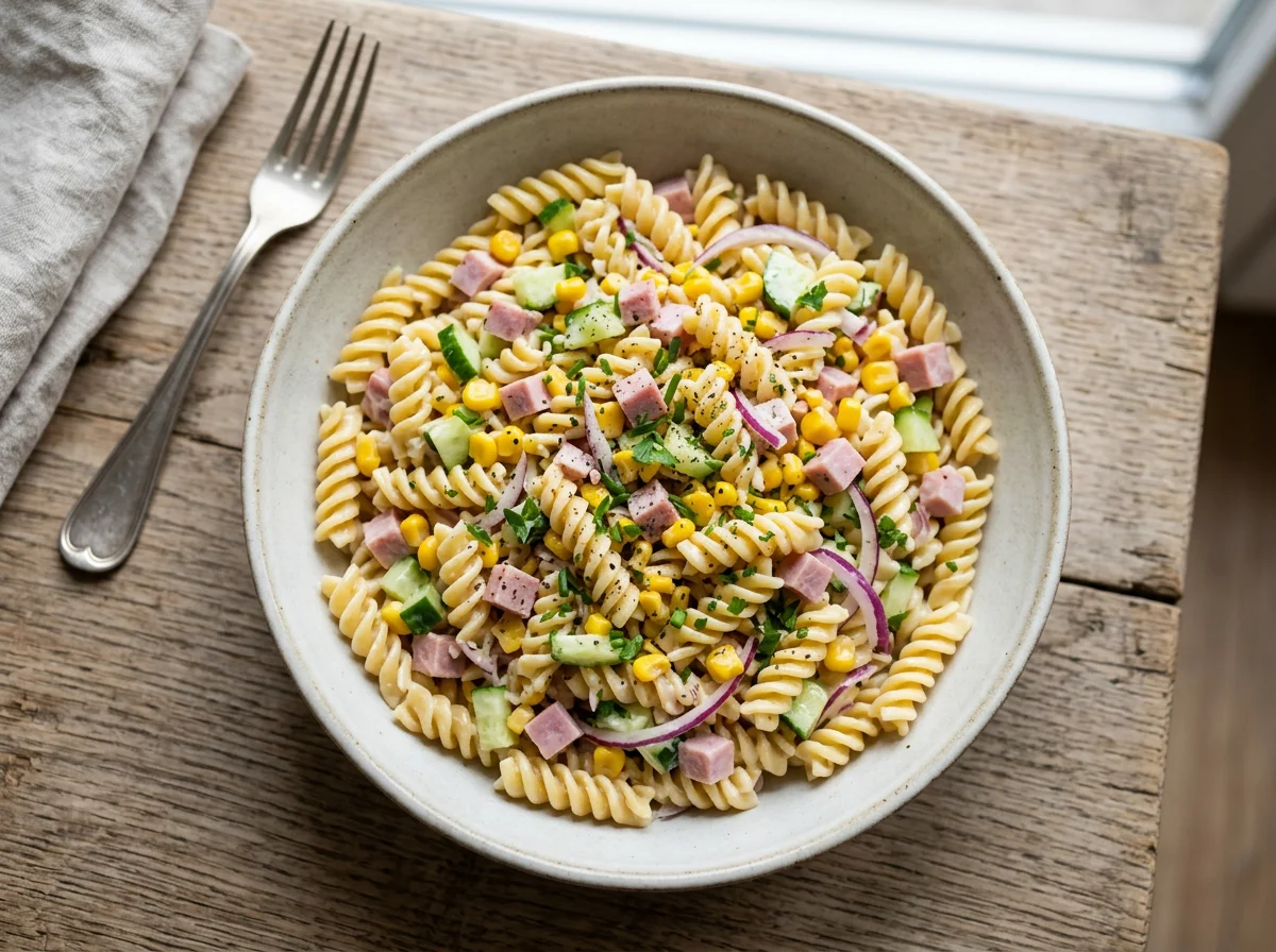 Nudelsalat mit Schinken und Mais photo