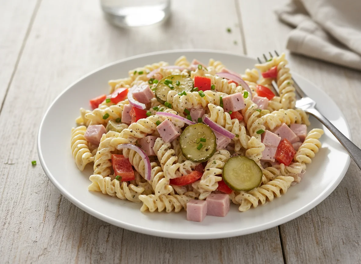 Nudelsalat mit Schinken und Mayonnaise photo
