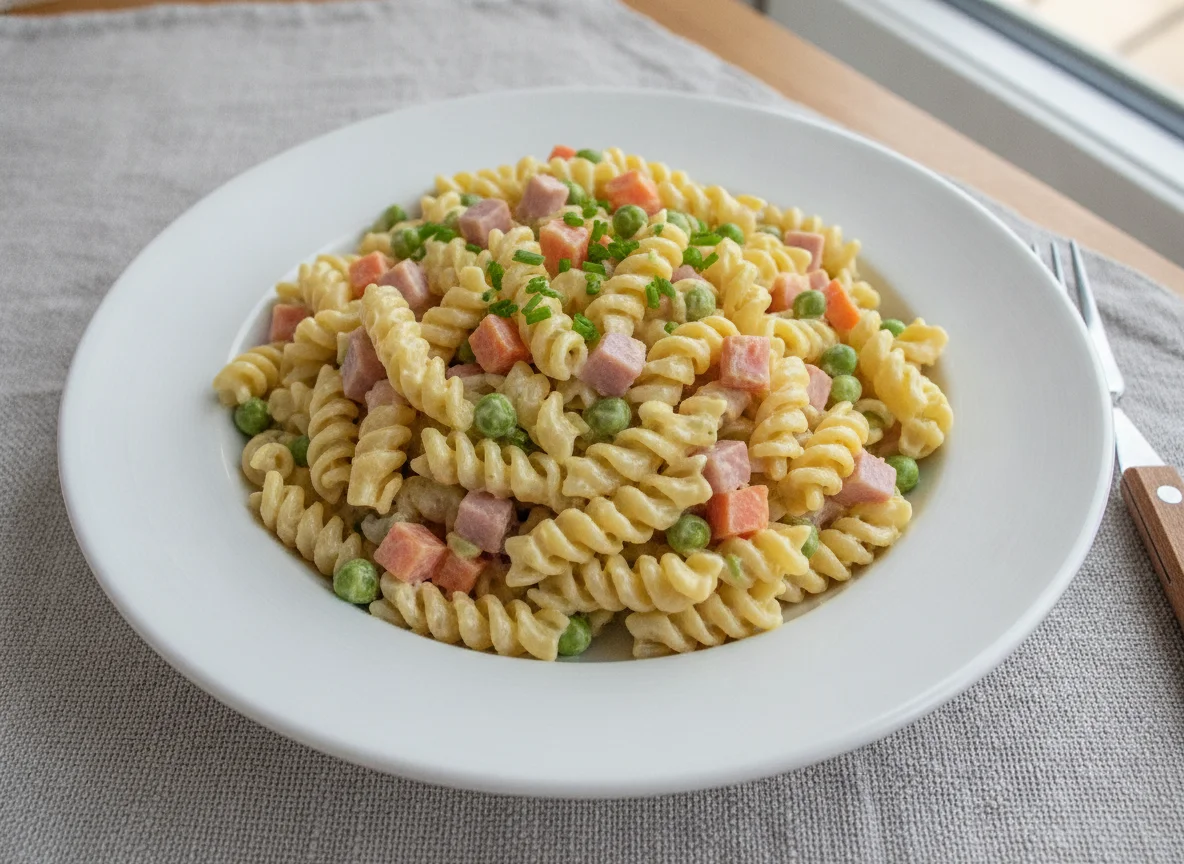 Nudelsalat mit Schinken und Mayonnaise-Dressing photo