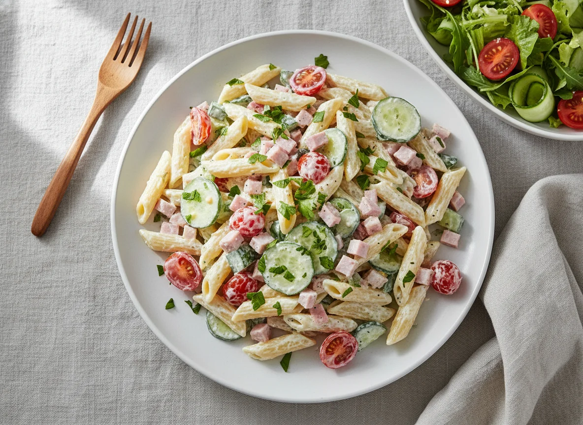 Nudelsalat mit Schinken und Tomaten, dazu Beilagensalat photo