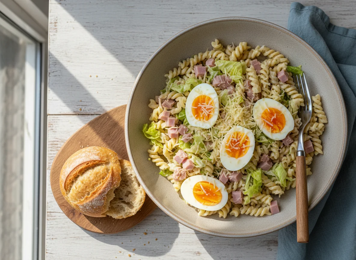 Nudelsalat mit Thunfisch, Ei und Schinken photo
