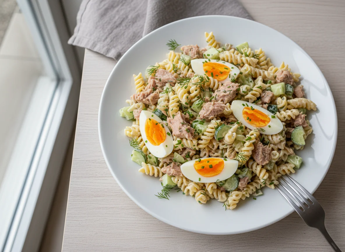 Nudelsalat mit Thunfisch und Ei photo